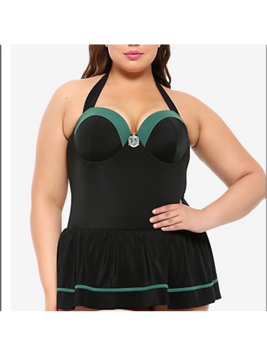 Wizarding World Of Harry Potter Other - Hot Topic Harry Potter Slytherin One Piece Skirt Swimsuit Size 2X Black Green